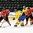 GRAND FORKS, NORTH DAKOTA - APRIL 23: Canada's David Quenneville #18 with a scoring opportunity while Sweden's Jacob Moverare #6 defends and William Bitten #14, Brett Howden #10 and Adam Thilander #8 look on during semifinal round action at the 2016 IIHF Ice Hockey U18 World Championship. (Photo by Minas Panagiotakis/HHOF-IIHF Images)

